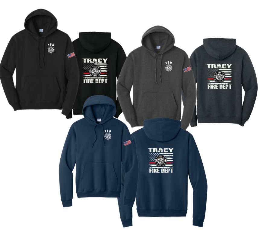 Tracy Fire Department : Red Line Flag : Port & Company® Core Fleece Pullover Hooded Sweatshirt